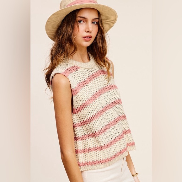 Chunky Stripe Sleeveless Sweater Top - Picture 3 of 4